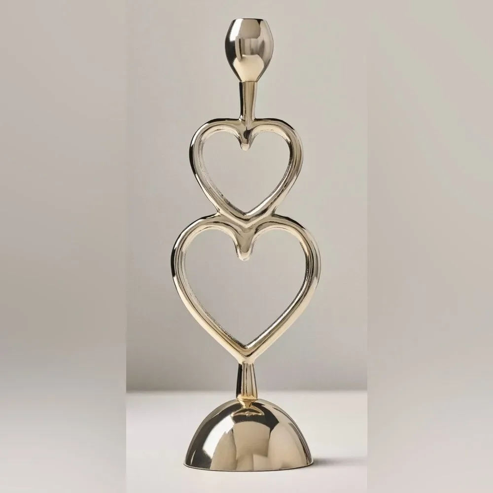 AnthroHome Set of 4 Aluminum Gold Tone Double Heart Medium Candle Holders